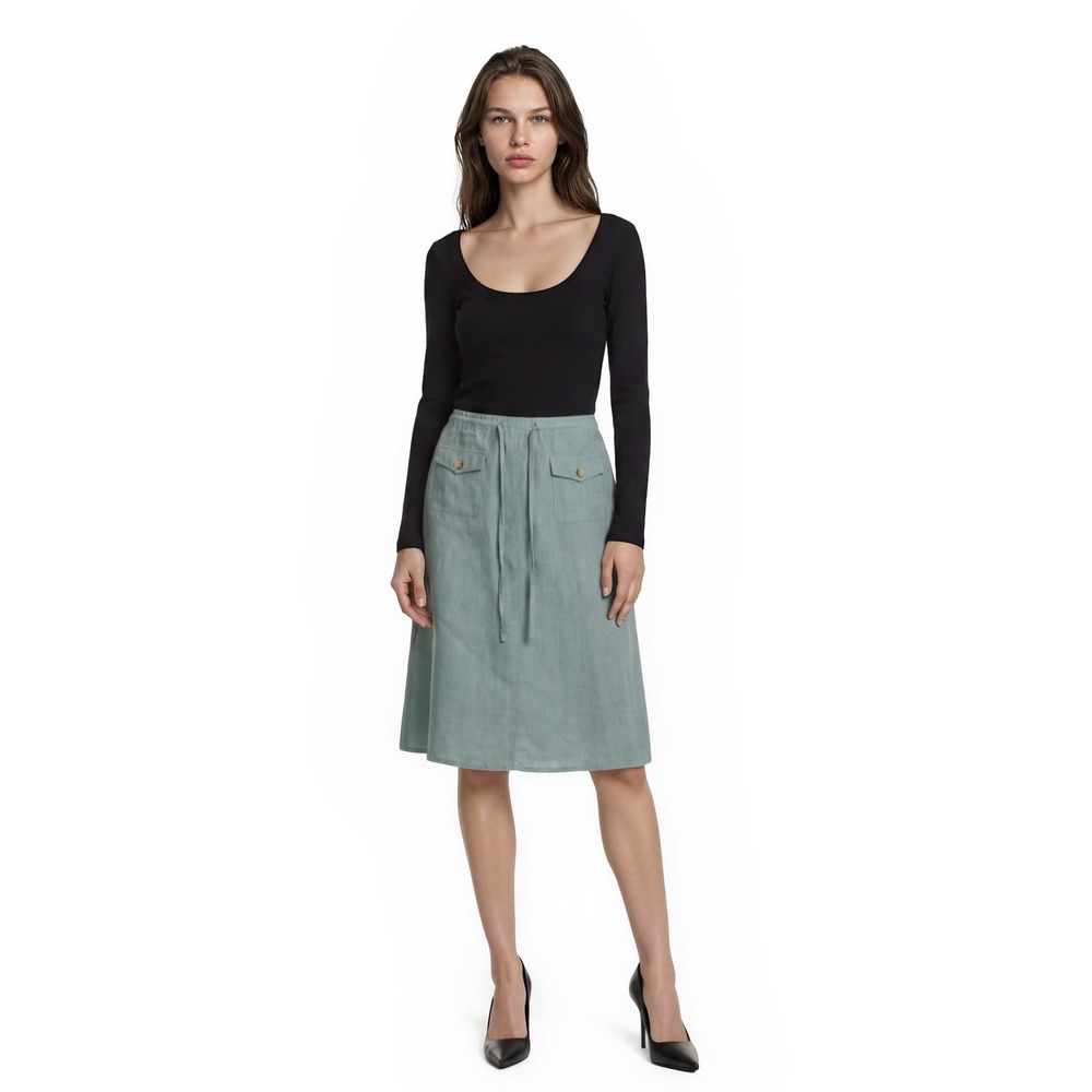 Cherokee Midi Skirt Women's Size 16 Sage Green 100% Linen‎ Drawstring Pockets